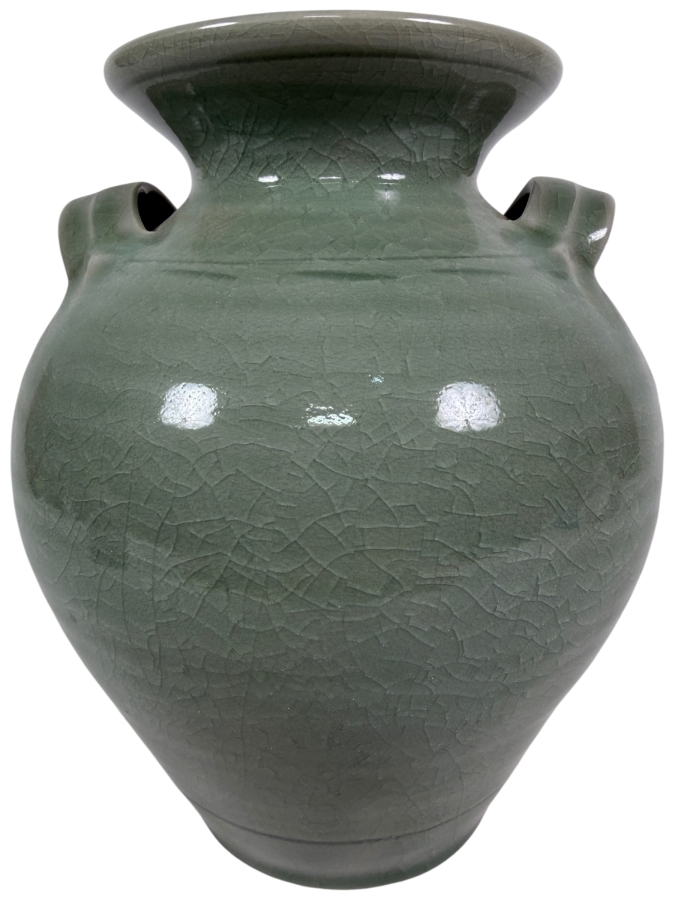 Vintage Japanese Nabeshima Celadon Green Crackle Glaze Double Handled Amphora Vase Featuring Impressed Shimazu Crest Circle Cross Maker Mark 8.5'H