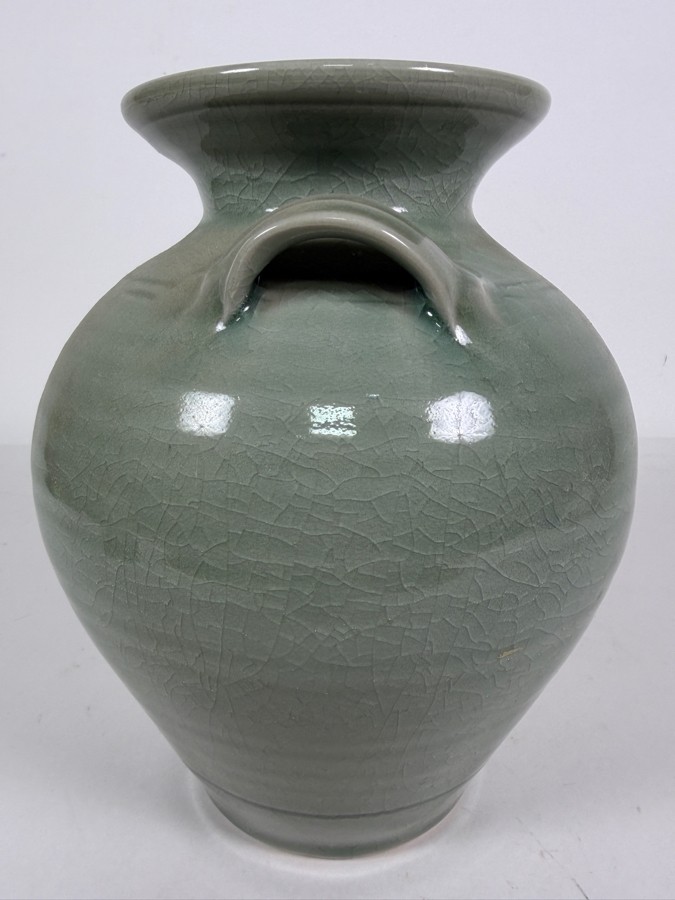 Vintage Japanese Nabeshima Celadon Green Crackle Glaze Double Handled Amphora Vase Featuring Impressed Shimazu Crest Circle Cross Maker Mark 8.5'H [Photo 3]