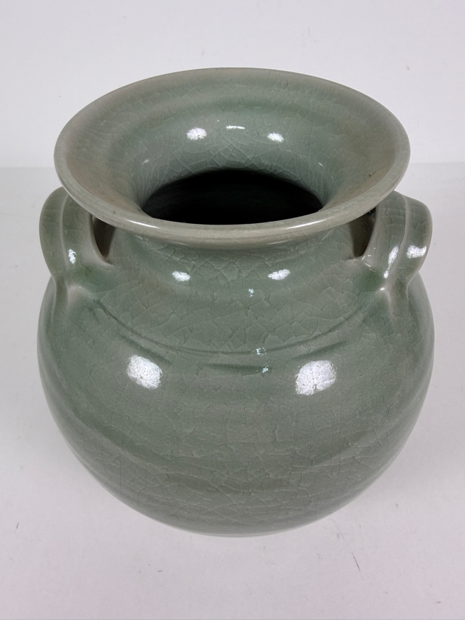 Vintage Japanese Nabeshima Celadon Green Crackle Glaze Double Handled Amphora Vase Featuring Impressed Shimazu Crest Circle Cross Maker Mark 8.5'H [Photo 2]