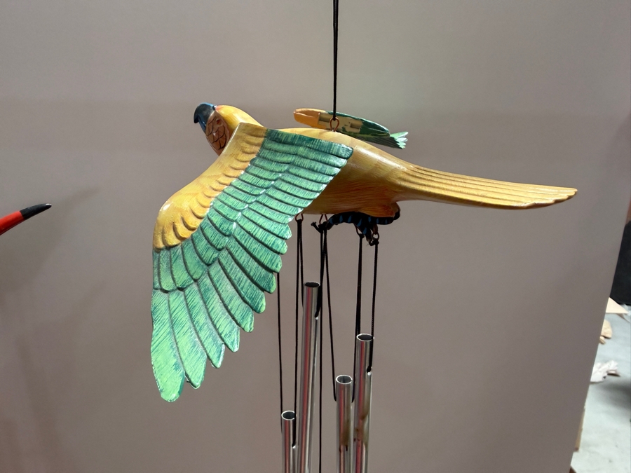 Two Vintage Hand Carved And Painted Wooden Tropical Bird Decorative Wind Chimes Featuring Flying Hummingbird And Parrot Designs With Polished Aluminum Tubes [Photo 3]