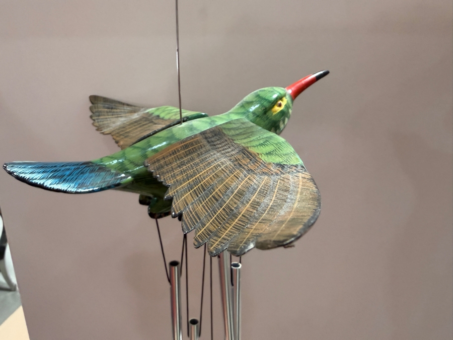 Two Vintage Hand Carved And Painted Wooden Tropical Bird Decorative Wind Chimes Featuring Flying Hummingbird And Parrot Designs With Polished Aluminum Tubes [Photo 2]