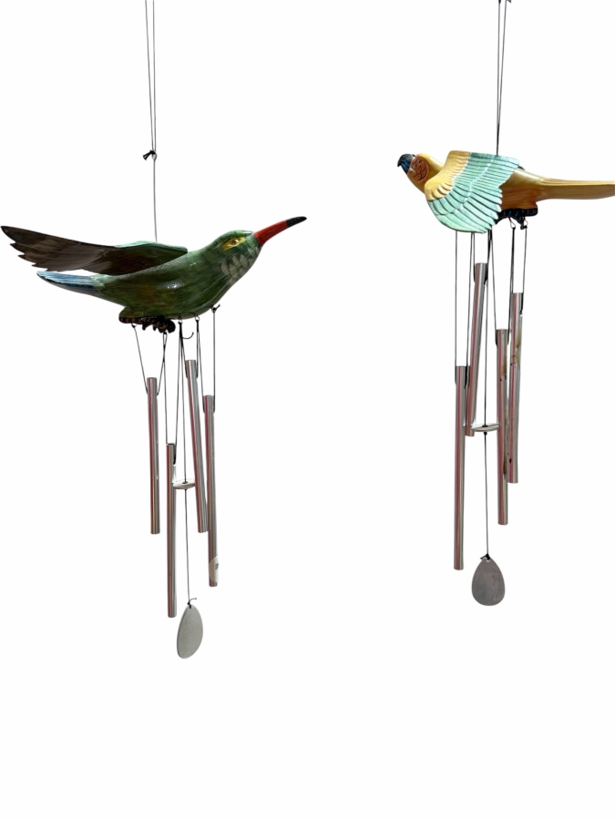 Two Vintage Hand Carved And Painted Wooden Tropical Bird Decorative Wind Chimes Featuring Flying Hummingbird And Parrot Designs With Polished Aluminum Tubes