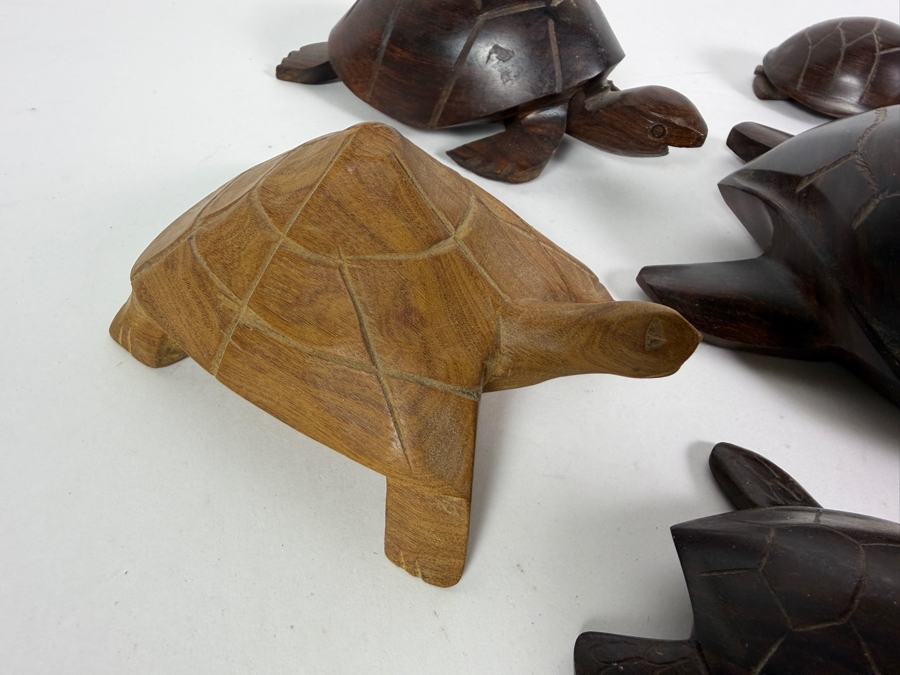 Collection Of Six Vintage Hand Carved Tropical Hardwood Figural Sea Turtle Sculptures In Various Sizes [Photo 7]