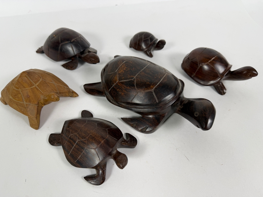 Collection Of Six Vintage Hand Carved Tropical Hardwood Figural Sea Turtle Sculptures In Various Sizes [Photo 2]