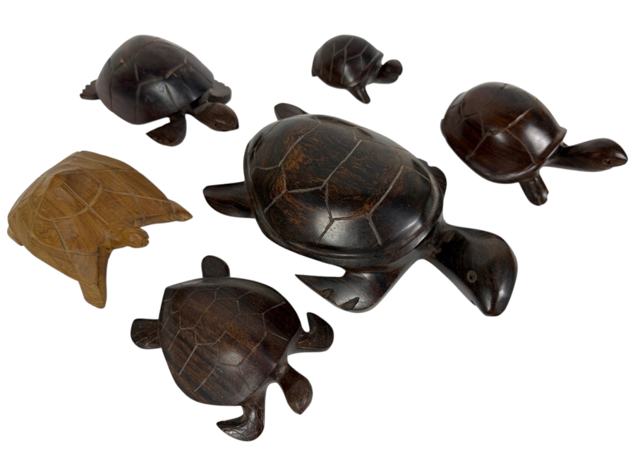 Collection Of Six Vintage Hand Carved Tropical Hardwood Figural Sea Turtle Sculptures In Various Sizes
