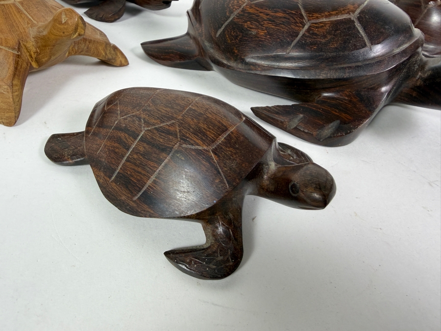 Collection Of Six Vintage Hand Carved Tropical Hardwood Figural Sea Turtle Sculptures In Various Sizes [Photo 4]