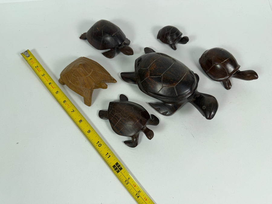 Collection Of Six Vintage Hand Carved Tropical Hardwood Figural Sea Turtle Sculptures In Various Sizes [Photo 8]