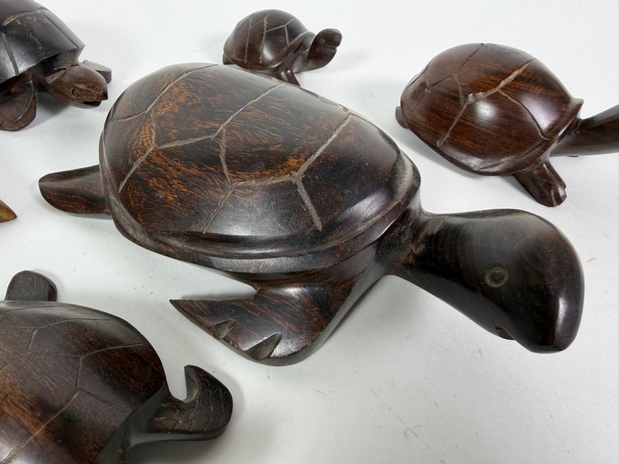 Collection Of Six Vintage Hand Carved Tropical Hardwood Figural Sea Turtle Sculptures In Various Sizes [Photo 3]