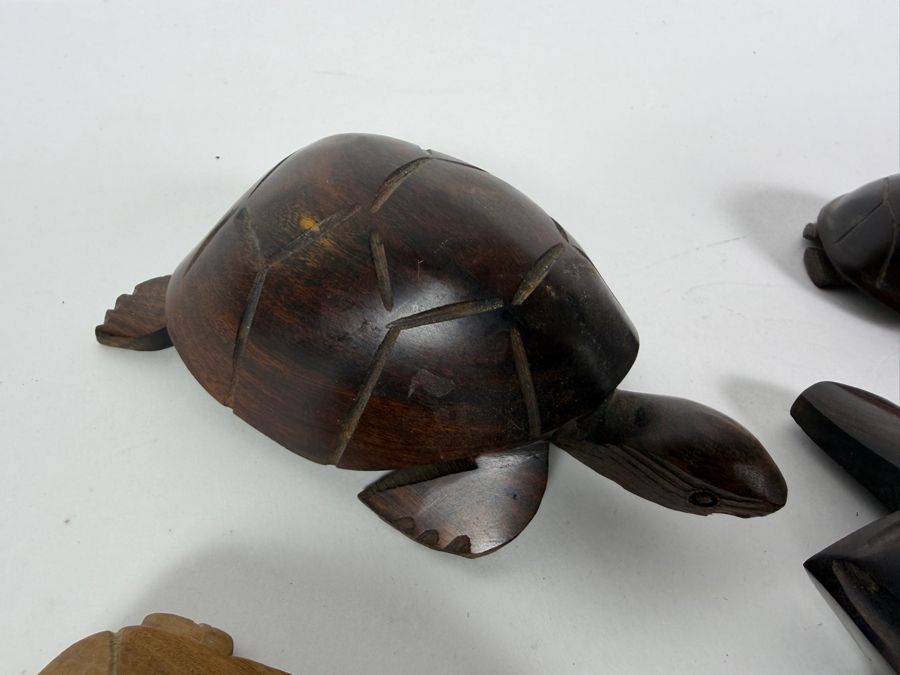 Collection Of Six Vintage Hand Carved Tropical Hardwood Figural Sea Turtle Sculptures In Various Sizes [Photo 6]