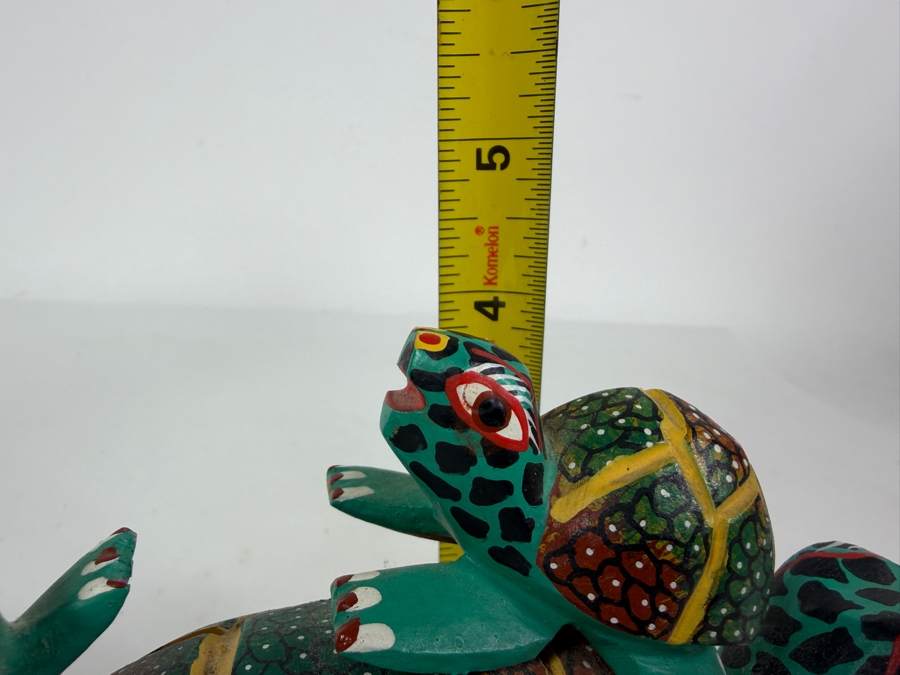 Vintage Oaxacan Signed Alebrije Hand Carved Copal Wood Turtle Sculpture Featuring Vivid Folk Art Pointillism Detailing With Two Baby Hatchlings 7'W X 4'H [Photo 9]