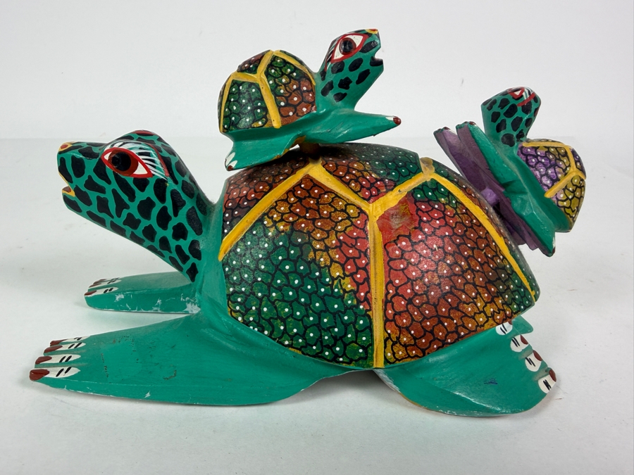 Vintage Oaxacan Signed Alebrije Hand Carved Copal Wood Turtle Sculpture Featuring Vivid Folk Art Pointillism Detailing With Two Baby Hatchlings 7'W X 4'H [Photo 5]
