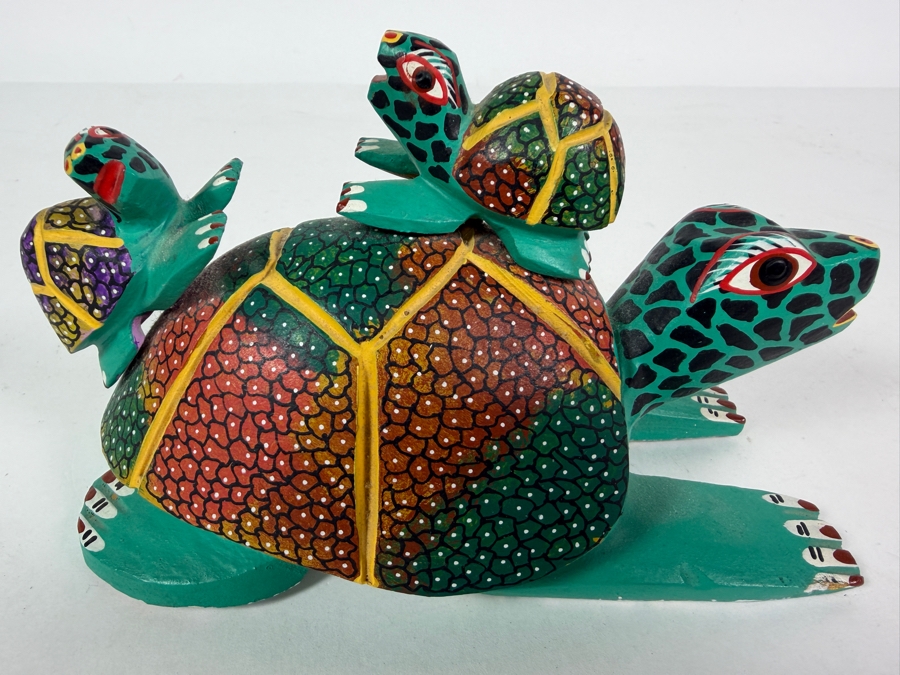 Vintage Oaxacan Signed Alebrije Hand Carved Copal Wood Turtle Sculpture Featuring Vivid Folk Art Pointillism Detailing With Two Baby Hatchlings 7'W X 4'H [Photo 3]