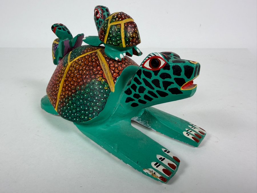 Vintage Oaxacan Signed Alebrije Hand Carved Copal Wood Turtle Sculpture Featuring Vivid Folk Art Pointillism Detailing With Two Baby Hatchlings 7'W X 4'H [Photo 4]
