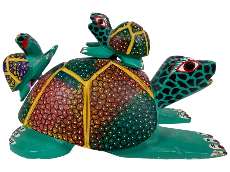 Vintage Oaxacan Signed Alebrije Hand Carved Copal Wood Turtle Sculpture Featuring Vivid Folk Art Pointillism Detailing With Two Baby Hatchlings 7'W X 4'H