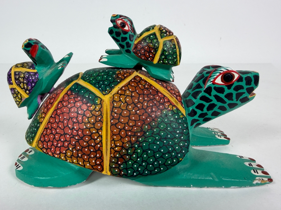 Vintage Oaxacan Signed Alebrije Hand Carved Copal Wood Turtle Sculpture Featuring Vivid Folk Art Pointillism Detailing With Two Baby Hatchlings 7'W X 4'H [Photo 2]