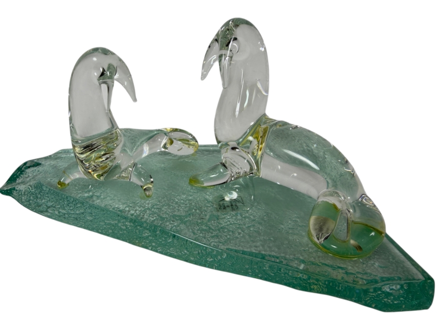 Vintage Canadian Mid-Century Modern Hand Blown Clear Art Glass Walrus Family Sculpture On Textured Ice Floe Base Handmade In Winnipeg Canada 7'W X 3'H