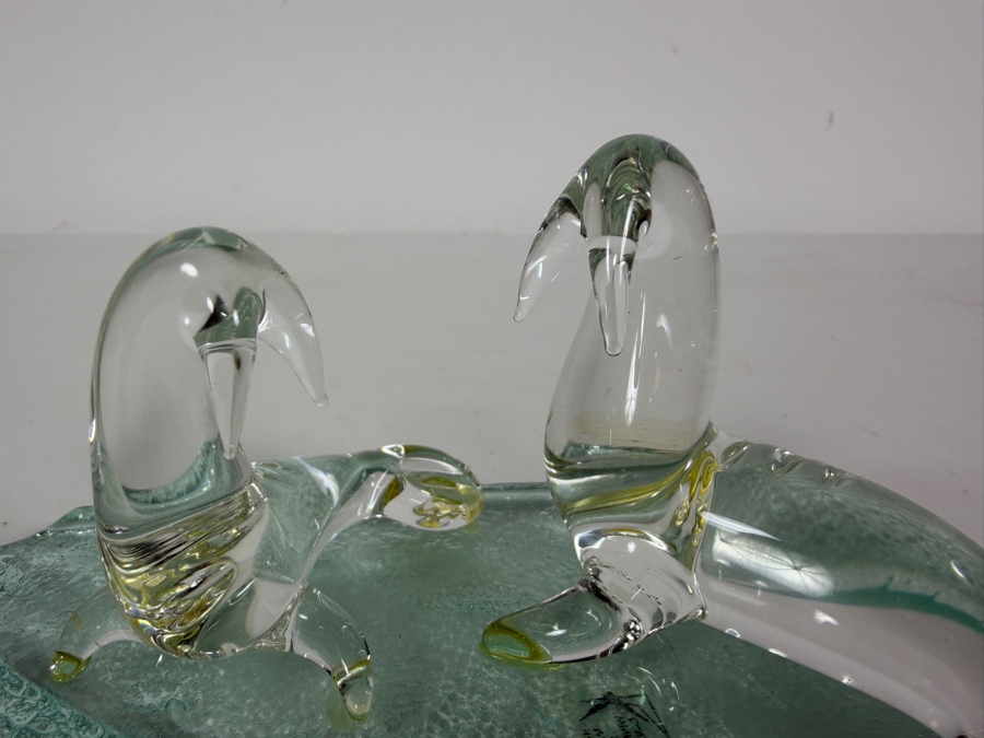 Vintage Canadian Mid-Century Modern Hand Blown Clear Art Glass Walrus Family Sculpture On Textured Ice Floe Base Handmade In Winnipeg Canada 7'W X 3'H [Photo 4]