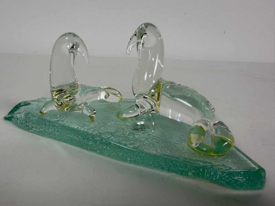 Vintage Canadian Mid-Century Modern Hand Blown Clear Art Glass Walrus Family Sculpture On Textured Ice Floe Base Handmade In Winnipeg Canada 7'W X 3'H [Photo 2]