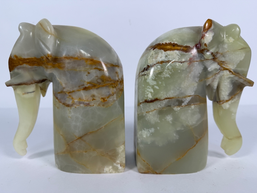 Pair Of Vintage Hand Carved Green Mexican Onyx Figural Elephant Architectural Bookends Featuring Natural Brown Multi Tonal Mineral Veining 10.5' X 6.25'H [Photo 2]