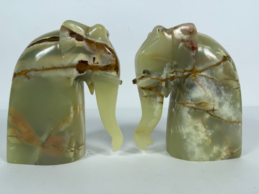 Pair Of Vintage Hand Carved Green Mexican Onyx Figural Elephant Architectural Bookends Featuring Natural Brown Multi Tonal Mineral Veining 10.5' X 6.25'H [Photo 5]