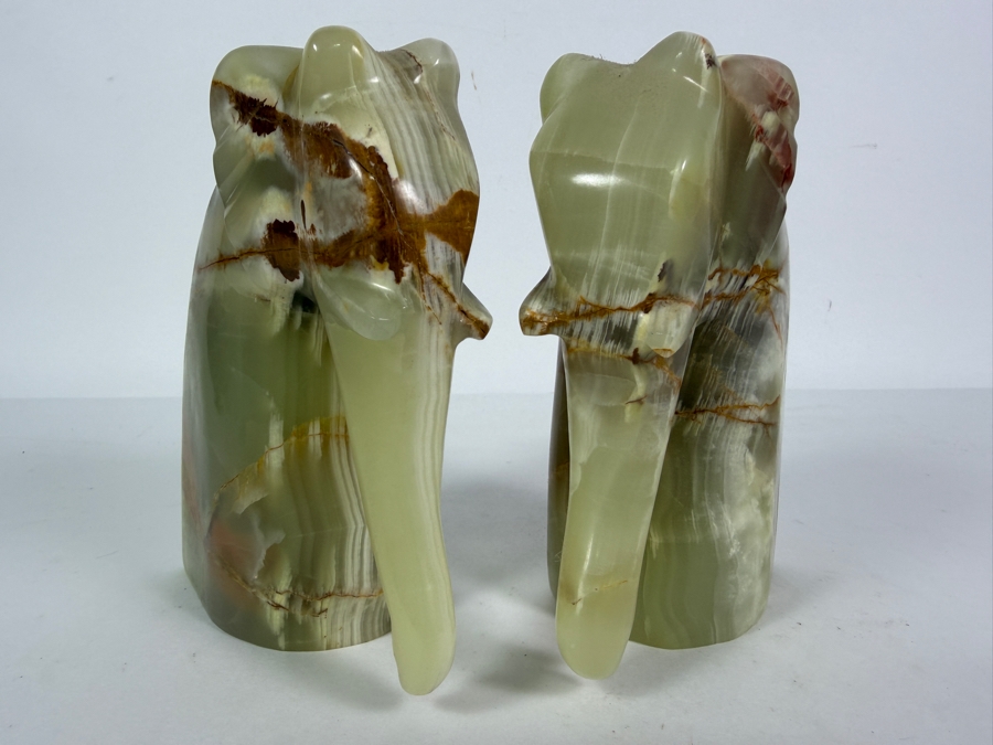 Pair Of Vintage Hand Carved Green Mexican Onyx Figural Elephant Architectural Bookends Featuring Natural Brown Multi Tonal Mineral Veining 10.5' X 6.25'H [Photo 4]