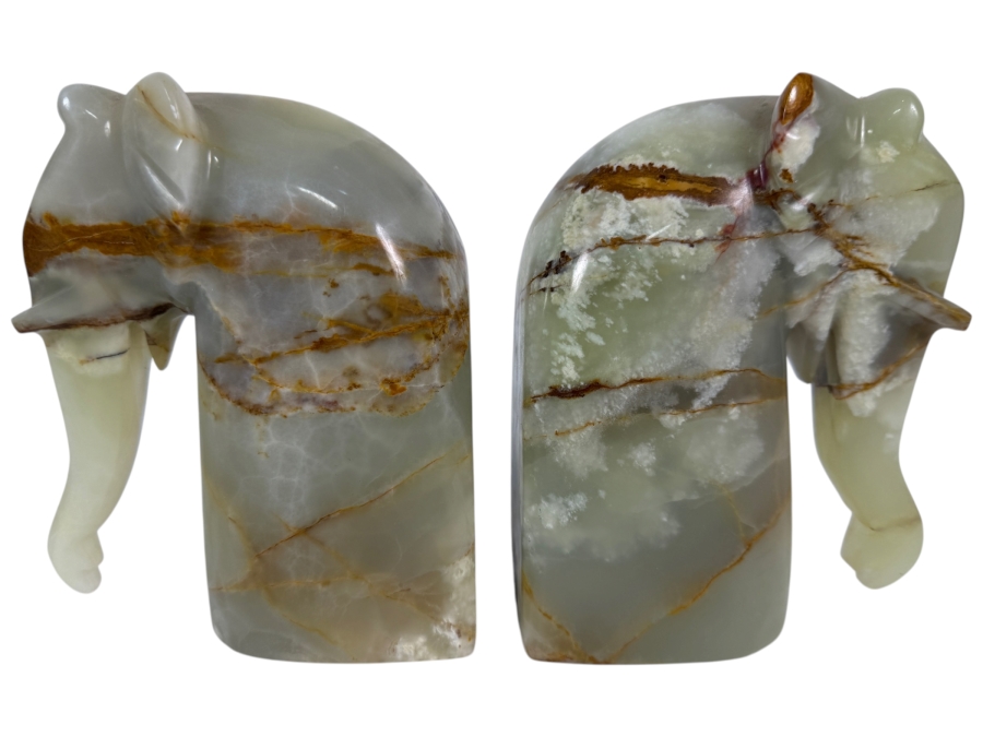 Pair Of Vintage Hand Carved Green Mexican Onyx Figural Elephant Architectural Bookends Featuring Natural Brown Multi Tonal Mineral Veining 10.5' X 6.25'H