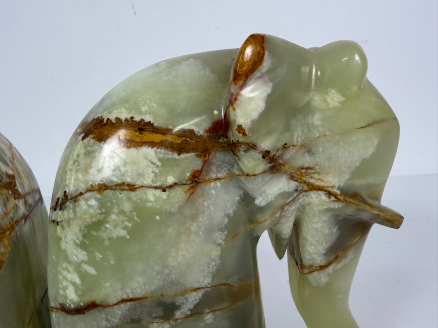 Pair Of Vintage Hand Carved Green Mexican Onyx Figural Elephant Architectural Bookends Featuring Natural Brown Multi Tonal Mineral Veining 10.5' X 6.25'H [Photo 3]