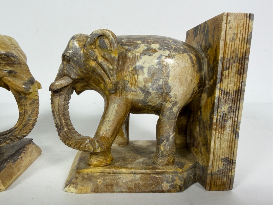 Pair Of Vintage Hand Carved Multi Tonal Brown Soapstone Figural Elephant Architectural Bookends 9.5'W X 4.25'H [Photo 4]