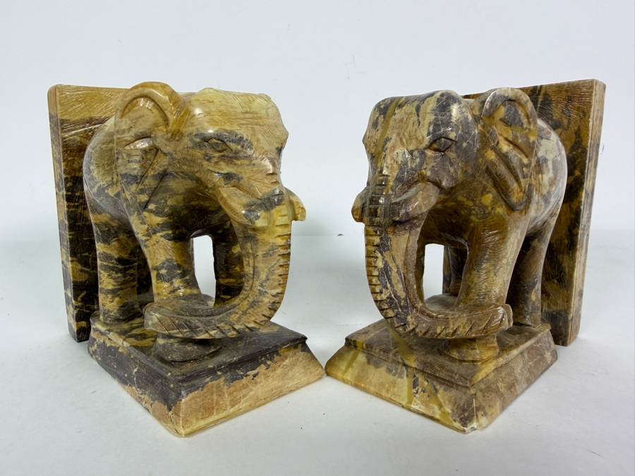 Pair Of Vintage Hand Carved Multi Tonal Brown Soapstone Figural Elephant Architectural Bookends 9.5'W X 4.25'H [Photo 5]