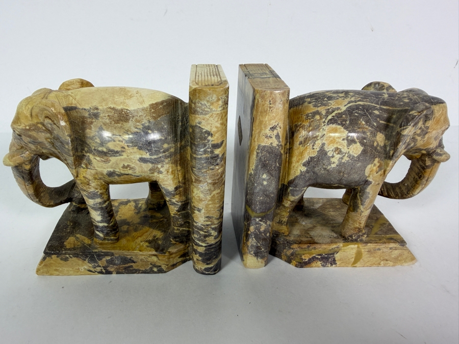 Pair Of Vintage Hand Carved Multi Tonal Brown Soapstone Figural Elephant Architectural Bookends 9.5'W X 4.25'H [Photo 8]