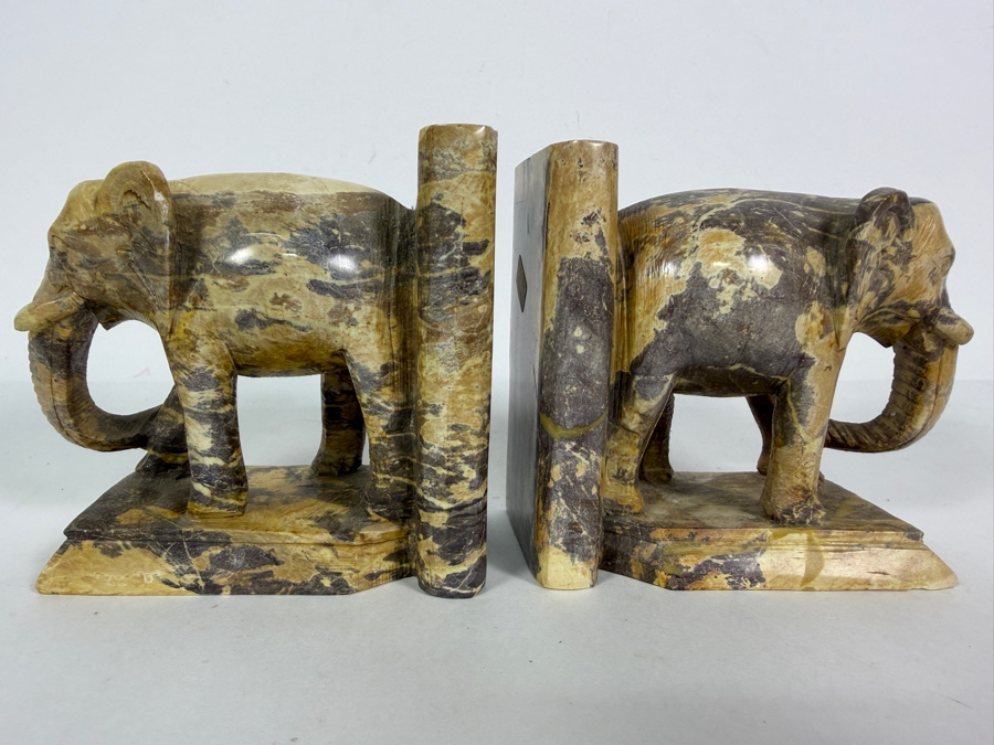 Pair Of Vintage Hand Carved Multi Tonal Brown Soapstone Figural Elephant Architectural Bookends 9.5'W X 4.25'H [Photo 7]