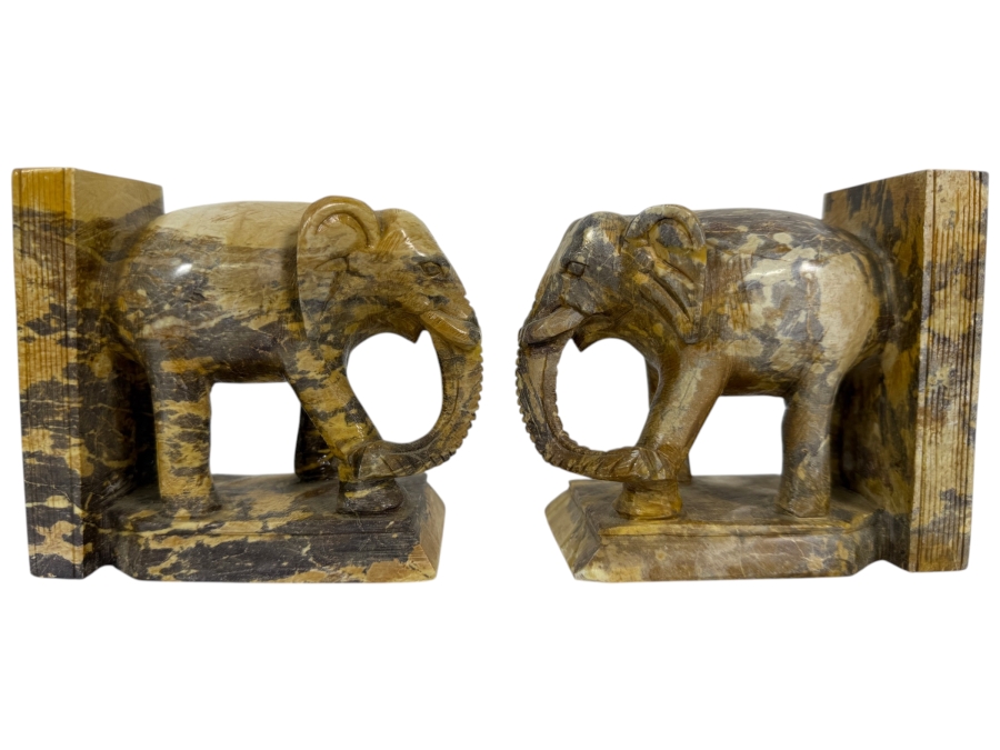 Pair Of Vintage Hand Carved Multi Tonal Brown Soapstone Figural Elephant Architectural Bookends 9.5'W X 4.25'H