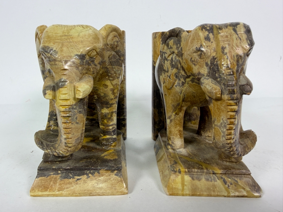 Pair Of Vintage Hand Carved Multi Tonal Brown Soapstone Figural Elephant Architectural Bookends 9.5'W X 4.25'H [Photo 6]
