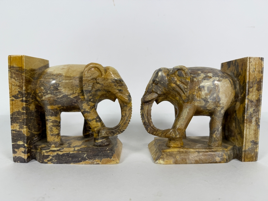 Pair Of Vintage Hand Carved Multi Tonal Brown Soapstone Figural Elephant Architectural Bookends 9.5'W X 4.25'H [Photo 2]