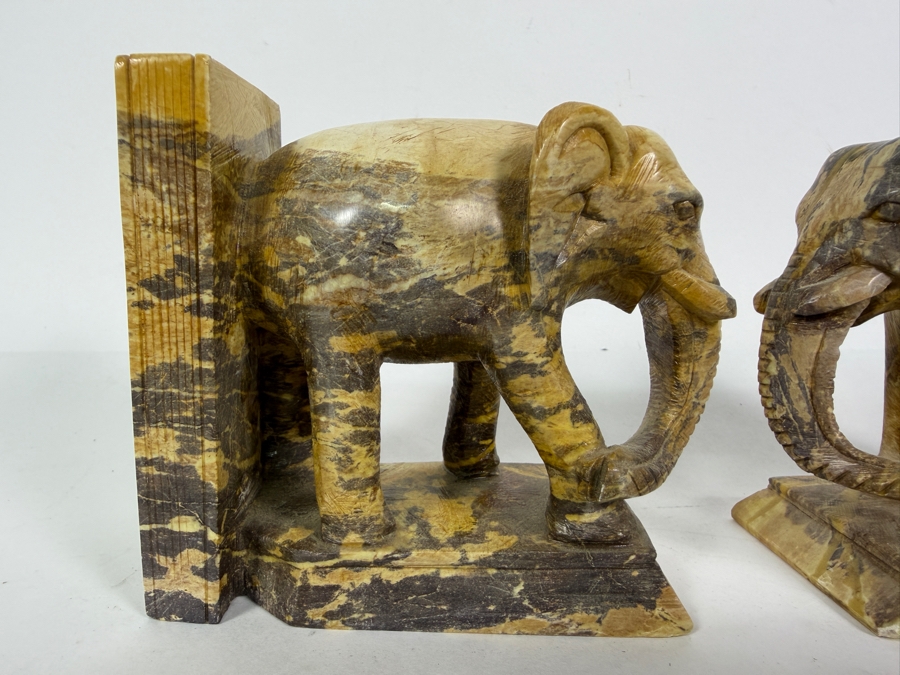 Pair Of Vintage Hand Carved Multi Tonal Brown Soapstone Figural Elephant Architectural Bookends 9.5'W X 4.25'H [Photo 3]
