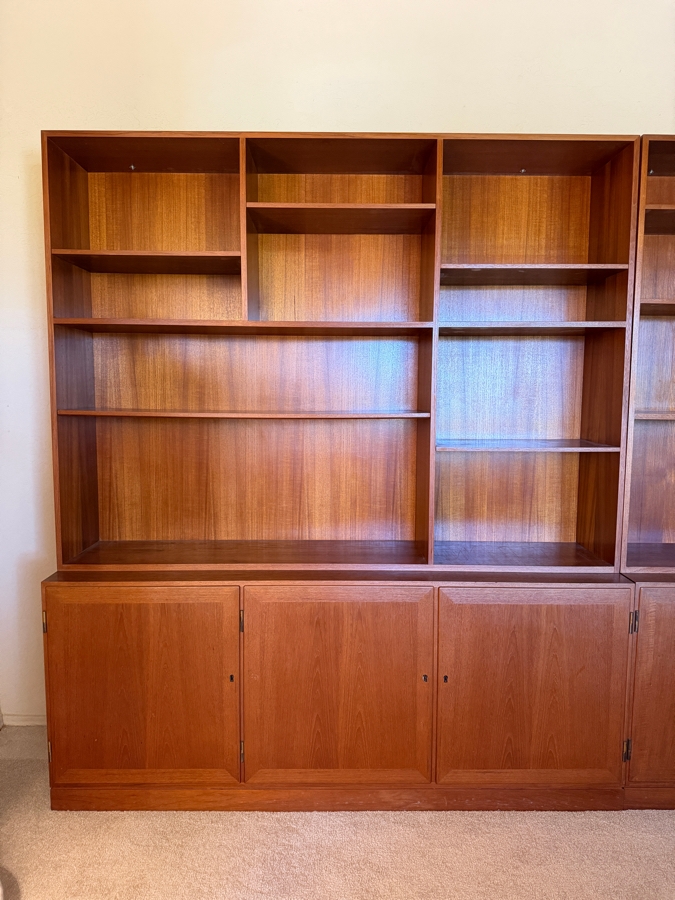 Mid-Century Modern Danish Teak Two Piece Wall Unit Hutch Featuring Asymmetrical Adjustable Shelving Above A Three Door Credenza Storage Base 64'W X 16'D X 75'H [Photo 5]