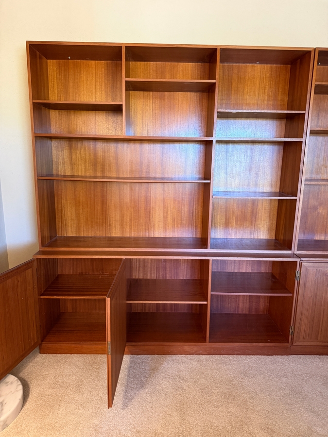 Mid-Century Modern Danish Teak Two Piece Wall Unit Hutch Featuring Asymmetrical Adjustable Shelving Above A Three Door Credenza Storage Base 64'W X 16'D X 75'H [Photo 7]