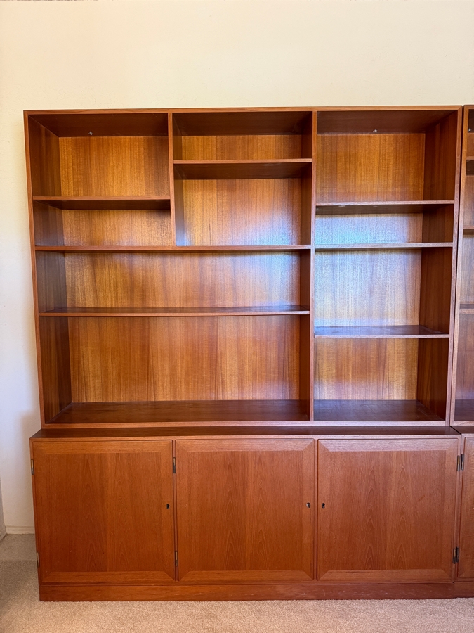 Mid-Century Modern Danish Teak Two Piece Wall Unit Hutch Featuring Asymmetrical Adjustable Shelving Above A Three Door Credenza Storage Base 64'W X 16'D X 75'H [Photo 3]
