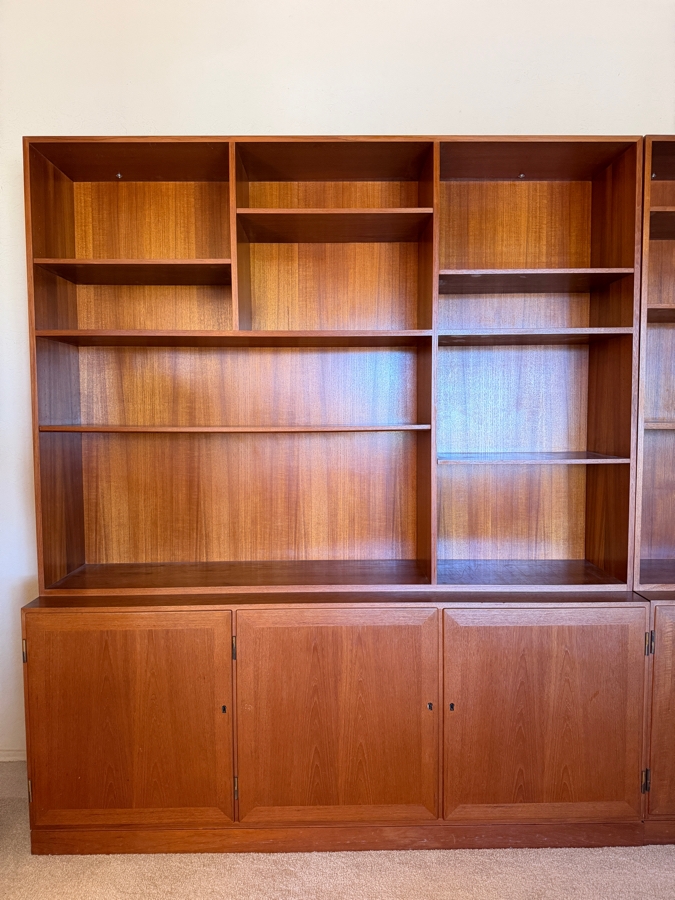 Mid-Century Modern Danish Teak Two Piece Wall Unit Hutch Featuring Asymmetrical Adjustable Shelving Above A Three Door Credenza Storage Base 64'W X 16'D X 75'H [Photo 6]