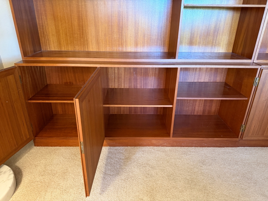 Mid-Century Modern Danish Teak Two Piece Wall Unit Hutch Featuring Asymmetrical Adjustable Shelving Above A Three Door Credenza Storage Base 64'W X 16'D X 75'H [Photo 8]