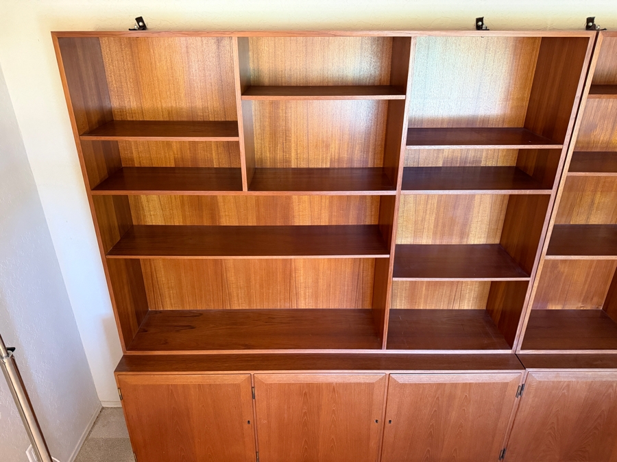 Mid-Century Modern Danish Teak Two Piece Wall Unit Hutch Featuring Asymmetrical Adjustable Shelving Above A Three Door Credenza Storage Base 64'W X 16'D X 75'H [Photo 4]