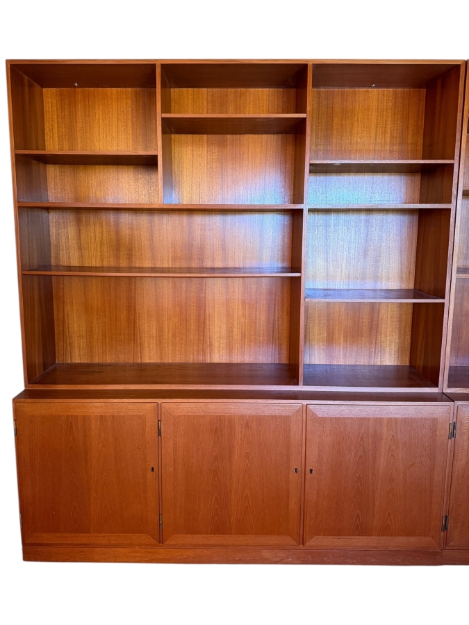 Mid-Century Modern Danish Teak Two Piece Wall Unit Hutch Featuring Asymmetrical Adjustable Shelving Above A Three Door Credenza Storage Base 64'W X 16'D X 75'H