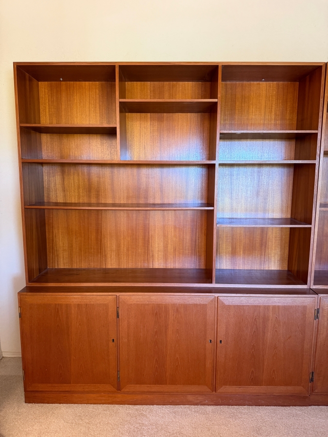 Mid-Century Modern Danish Teak Two Piece Wall Unit Hutch Featuring Asymmetrical Adjustable Shelving Above A Three Door Credenza Storage Base 64'W X 16'D X 75'H [Photo 2]