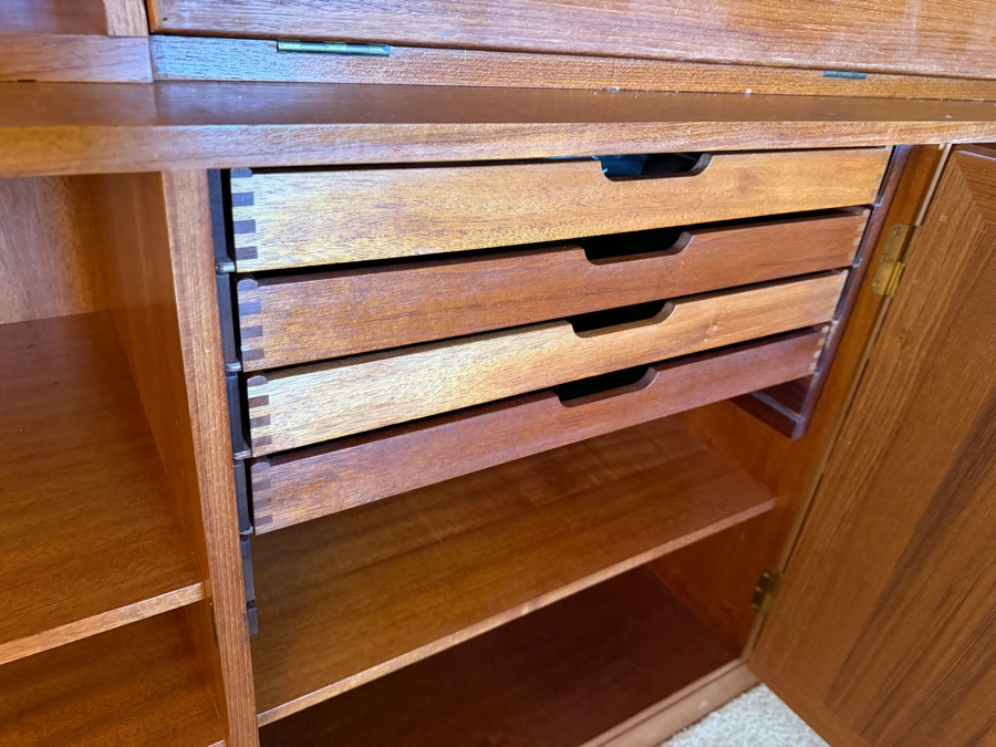 Mid-Century Modern Danish Teak Two Piece Wall Unit Hutch Featuring Open Shelving And Drop Down Secretary Desk Above A Three Door Credenza Base 64'W X 16'D X 75'H [Photo 8]