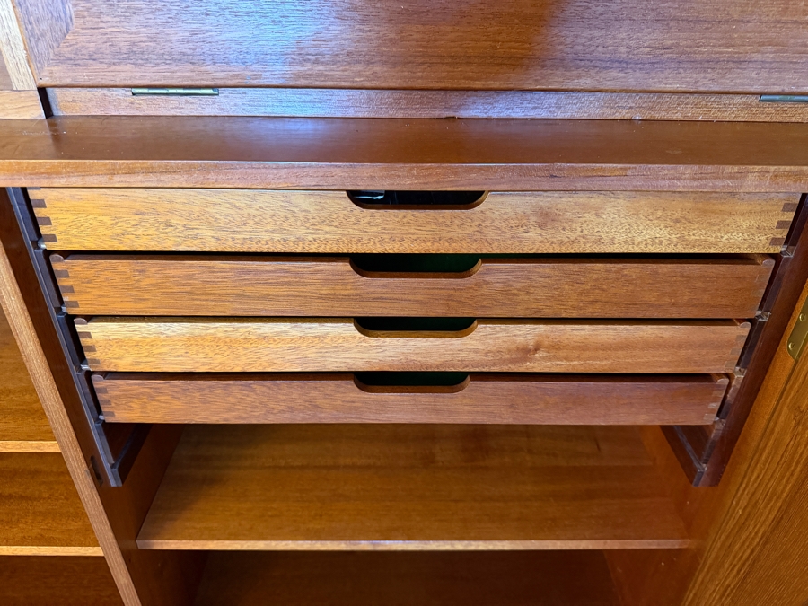 Mid-Century Modern Danish Teak Two Piece Wall Unit Hutch Featuring Open Shelving And Drop Down Secretary Desk Above A Three Door Credenza Base 64'W X 16'D X 75'H [Photo 7]