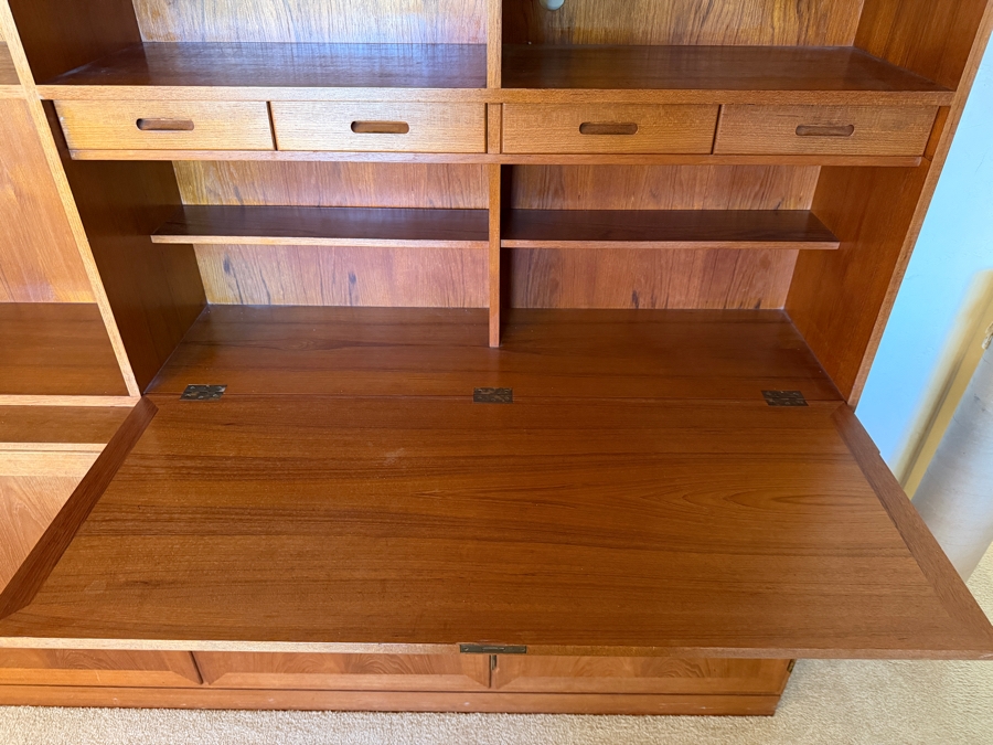 Mid-Century Modern Danish Teak Two Piece Wall Unit Hutch Featuring Open Shelving And Drop Down Secretary Desk Above A Three Door Credenza Base 64'W X 16'D X 75'H [Photo 4]