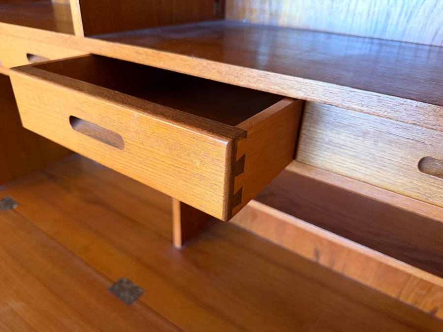 Mid-Century Modern Danish Teak Two Piece Wall Unit Hutch Featuring Open Shelving And Drop Down Secretary Desk Above A Three Door Credenza Base 64'W X 16'D X 75'H [Photo 5]