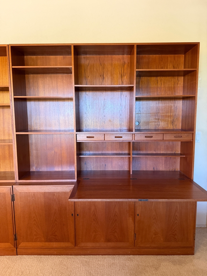 Mid-Century Modern Danish Teak Two Piece Wall Unit Hutch Featuring Open Shelving And Drop Down Secretary Desk Above A Three Door Credenza Base 64'W X 16'D X 75'H [Photo 3]