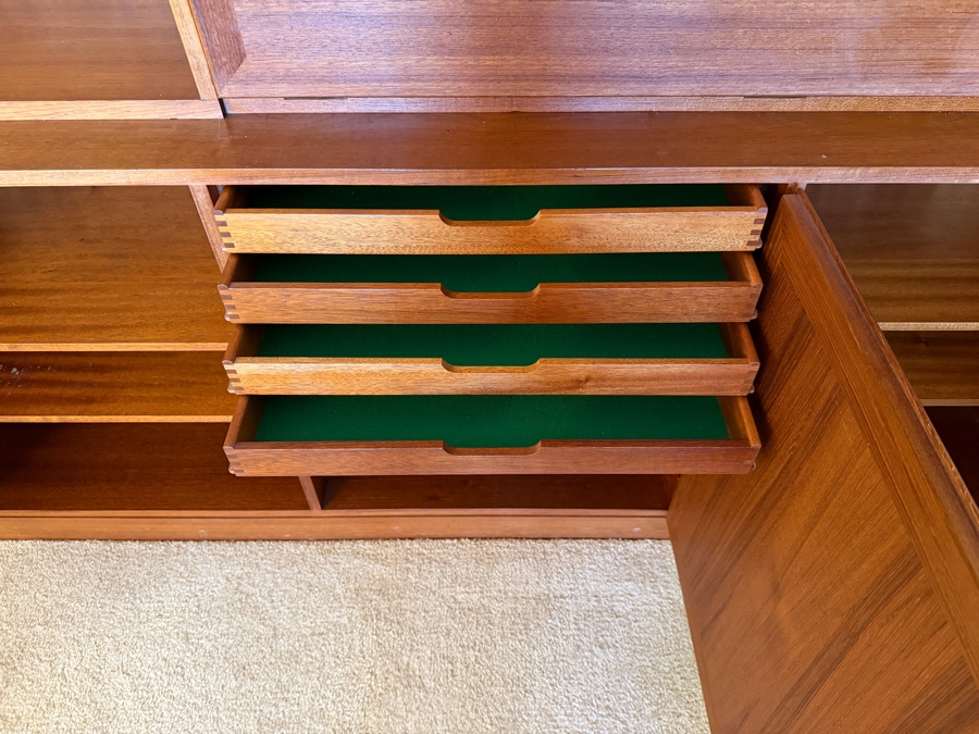 Mid-Century Modern Danish Teak Two Piece Wall Unit Hutch Featuring Open Shelving And Drop Down Secretary Desk Above A Three Door Credenza Base 64'W X 16'D X 75'H [Photo 9]