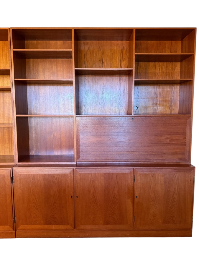 Mid-Century Modern Danish Teak Two Piece Wall Unit Hutch Featuring Open Shelving And Drop Down Secretary Desk Above A Three Door Credenza Base 64'W X 16'D X 75'H